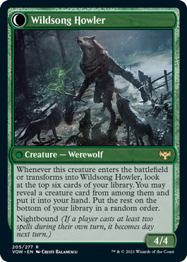 Wildsong Howler
 This spell can't be countered.
{1}{G}, {T}: You may put a creature card from your hand onto the battlefield. If it's a Wolf or Werewolf, untap Howlpack Piper. Activate only as a sorcery.
Daybound (If a player casts no spells during their own turn, it becomes night next turn.)